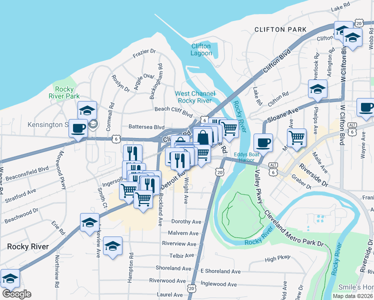 map of restaurants, bars, coffee shops, grocery stores, and more near 19234 Detroit Road in Rocky River