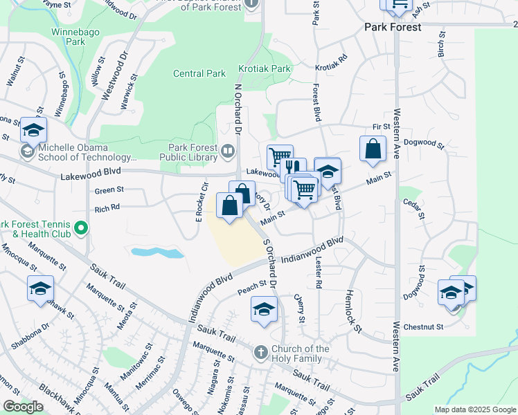 map of restaurants, bars, coffee shops, grocery stores, and more near in Park Forest