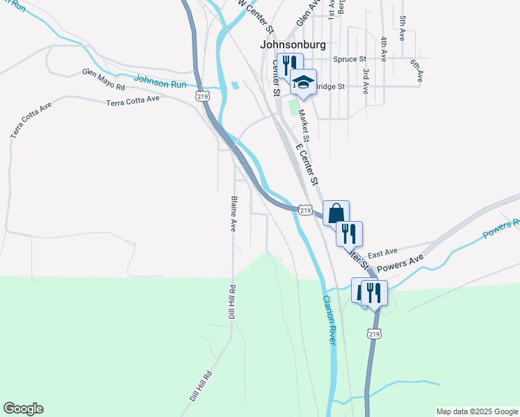 map of restaurants, bars, coffee shops, grocery stores, and more near 1 Grassy Road in Johnsonburg