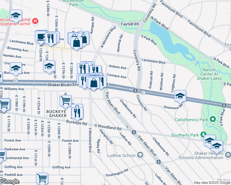 map of restaurants, bars, coffee shops, grocery stores, and more near 13701 Drexmore Road in Cleveland