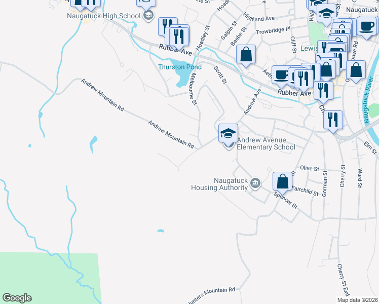 map of restaurants, bars, coffee shops, grocery stores, and more near 10 Andrew Mountain Road in Naugatuck