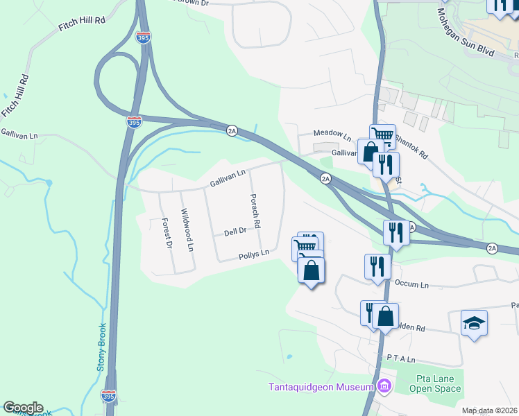 map of restaurants, bars, coffee shops, grocery stores, and more near 33 Porach Road in Montville