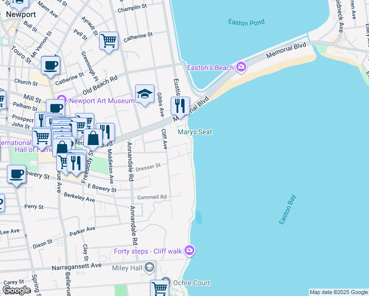 map of restaurants, bars, coffee shops, grocery stores, and more near 18 Seaview Avenue in Newport