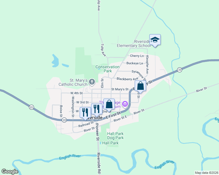 map of restaurants, bars, coffee shops, grocery stores, and more near 141 East 4th Street in Riverside