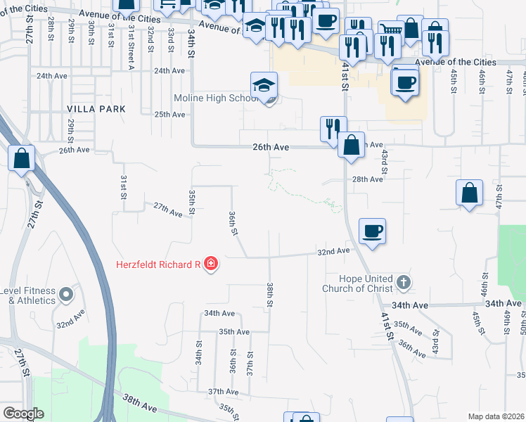 map of restaurants, bars, coffee shops, grocery stores, and more near 2800 38th Street in Moline