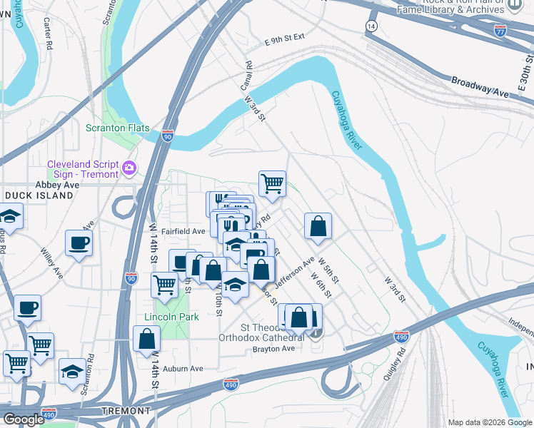 map of restaurants, bars, coffee shops, grocery stores, and more near 2277 West 6th Street in Cleveland