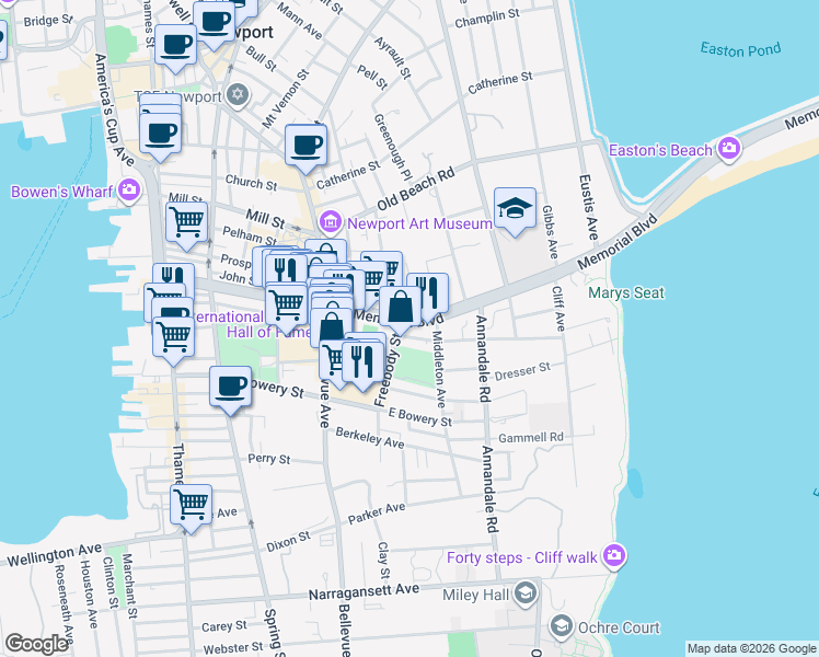 map of restaurants, bars, coffee shops, grocery stores, and more near 8 Freebody Street in Newport
