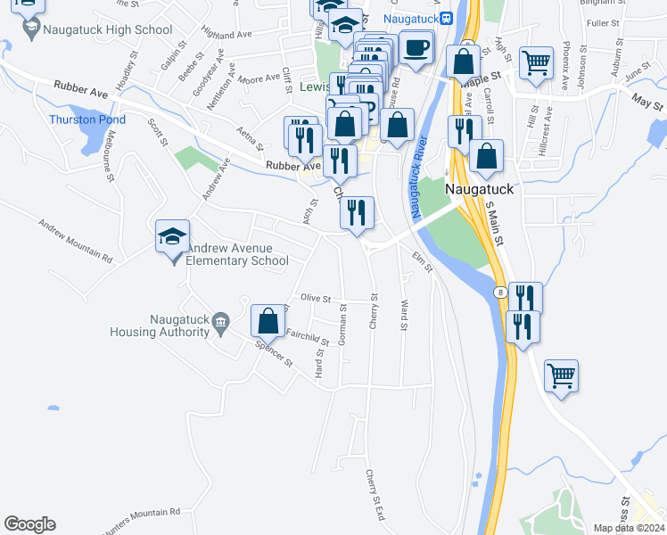 map of restaurants, bars, coffee shops, grocery stores, and more near 47 Gorman Street in Naugatuck