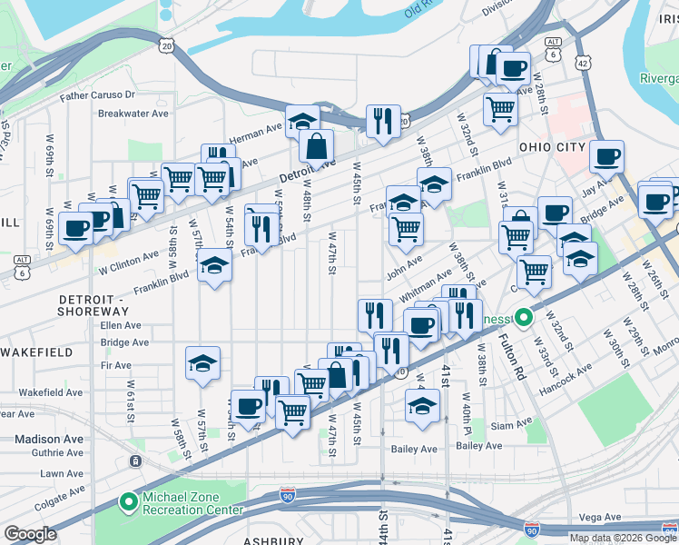map of restaurants, bars, coffee shops, grocery stores, and more near 1853 West 47th Street in Cleveland