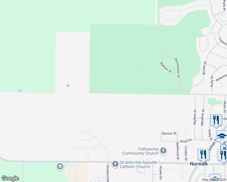 map of restaurants, bars, coffee shops, grocery stores, and more near 418 West High Road in Norwalk