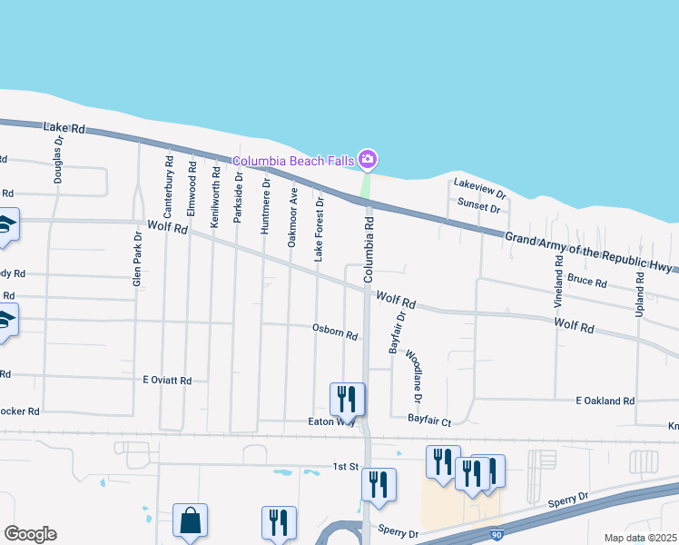 map of restaurants, bars, coffee shops, grocery stores, and more near 25677 Wolf Road in Bay Village