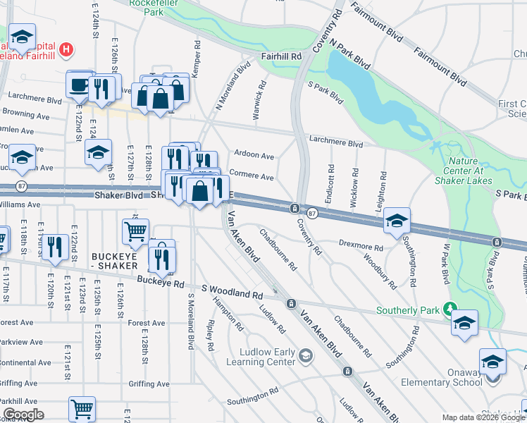 map of restaurants, bars, coffee shops, grocery stores, and more near 13701 Drexmore Road in Cleveland