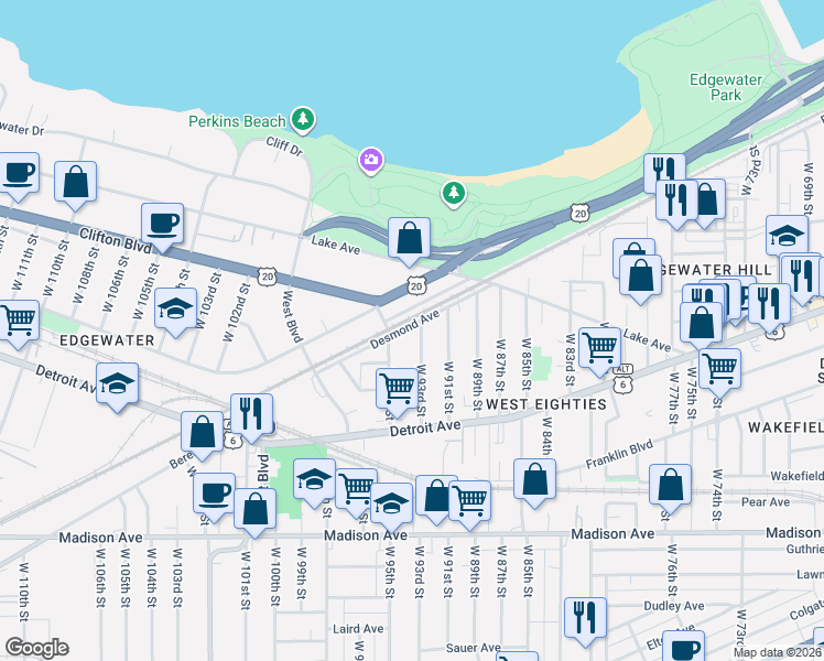 map of restaurants, bars, coffee shops, grocery stores, and more near 1315 West 93rd Street in Cleveland