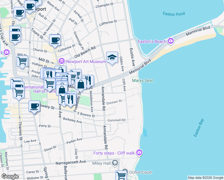 map of restaurants, bars, coffee shops, grocery stores, and more near 53 Merton Road in Newport