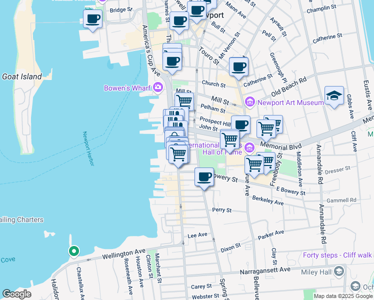 map of restaurants, bars, coffee shops, grocery stores, and more near 309 Spring Street in Newport