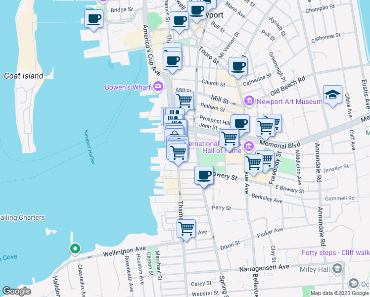 map of restaurants, bars, coffee shops, grocery stores, and more near 400 Thames Street in Newport