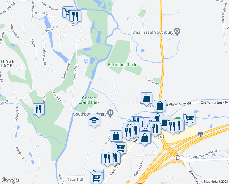 map of restaurants, bars, coffee shops, grocery stores, and more near 427 Old Field Road in Southbury