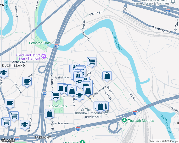 map of restaurants, bars, coffee shops, grocery stores, and more near 2277 West 6th Street in Cleveland