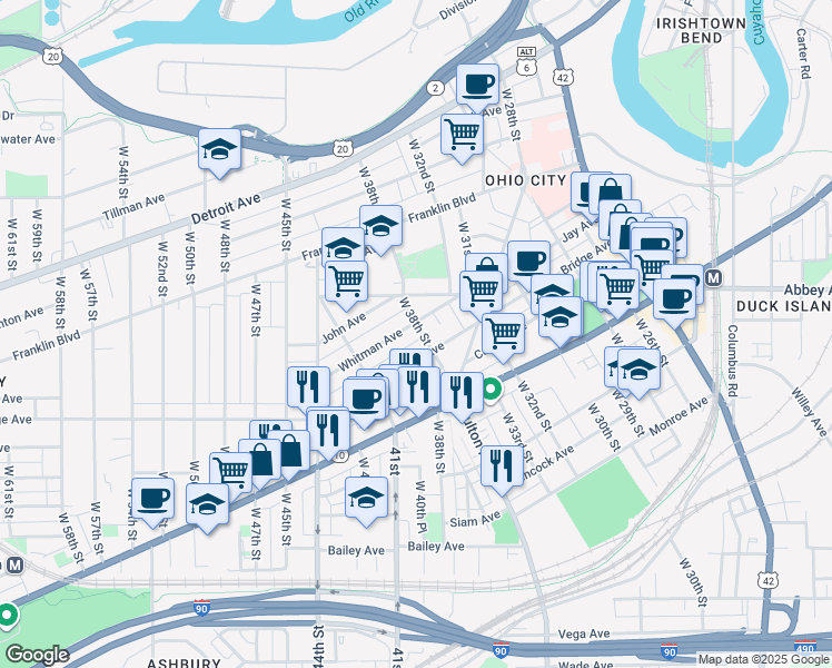 map of restaurants, bars, coffee shops, grocery stores, and more near 3814 Bridge Avenue in Cleveland