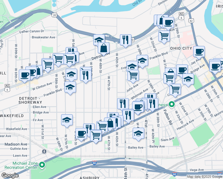 map of restaurants, bars, coffee shops, grocery stores, and more near 1853 West 47th Street in Cleveland