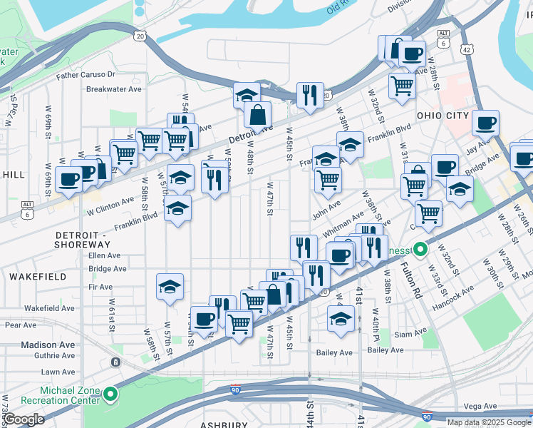 map of restaurants, bars, coffee shops, grocery stores, and more near 1853 West 47th Street in Cleveland