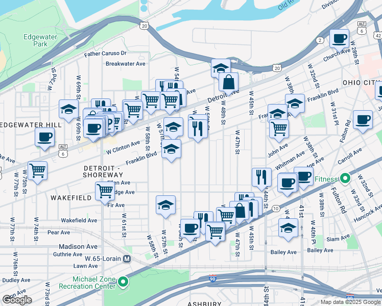 map of restaurants, bars, coffee shops, grocery stores, and more near 1806 West 52nd Street in Cleveland