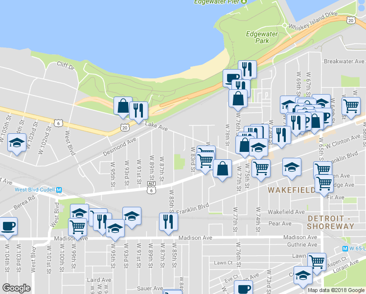 map of restaurants, bars, coffee shops, grocery stores, and more near 1325 West 85th Street in Cleveland