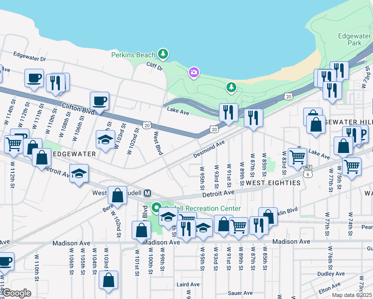 map of restaurants, bars, coffee shops, grocery stores, and more near 9604 Desmond Avenue in Cleveland