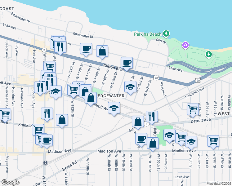 map of restaurants, bars, coffee shops, grocery stores, and more near 10501 Baltic Road in Cleveland