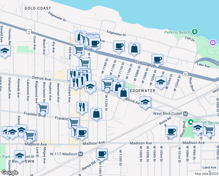 map of restaurants, bars, coffee shops, grocery stores, and more near 11201 Detroit Avenue in Cleveland