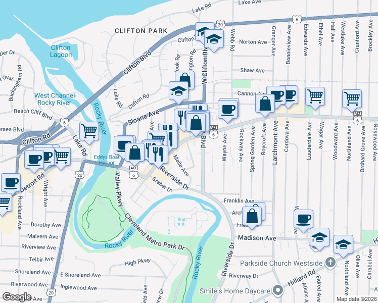 map of restaurants, bars, coffee shops, grocery stores, and more near 1460 West Clifton Boulevard in Lakewood