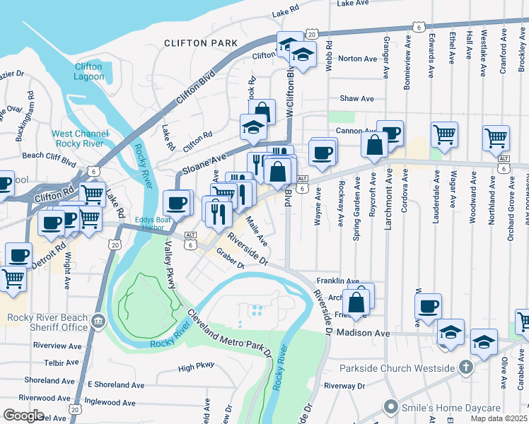 map of restaurants, bars, coffee shops, grocery stores, and more near 1460 West Clifton Boulevard in Lakewood