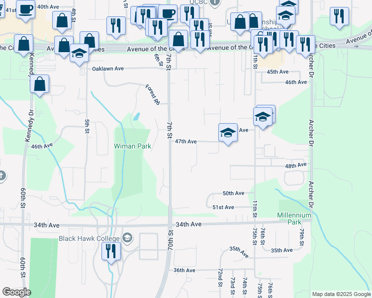 map of restaurants, bars, coffee shops, grocery stores, and more near 4709 8th Street in East Moline