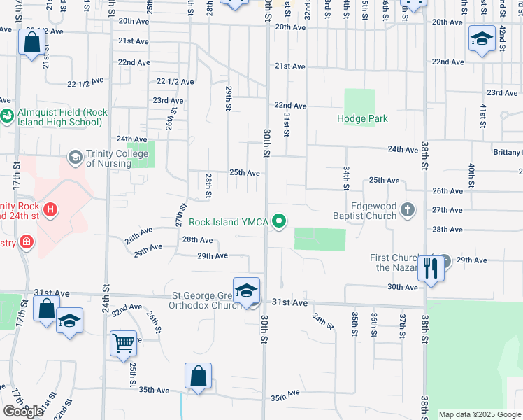 map of restaurants, bars, coffee shops, grocery stores, and more near 2930 27th Avenue in Rock Island
