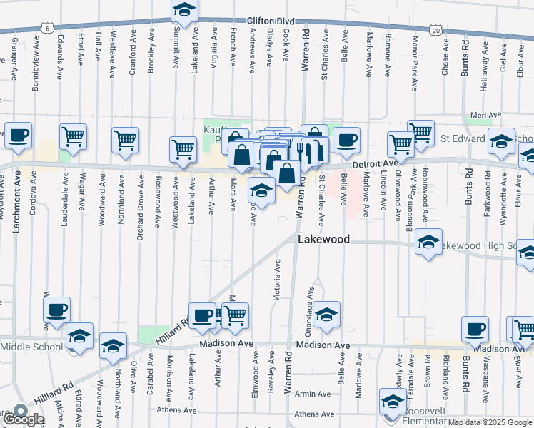 map of restaurants, bars, coffee shops, grocery stores, and more near 1470 Victoria Avenue in Lakewood