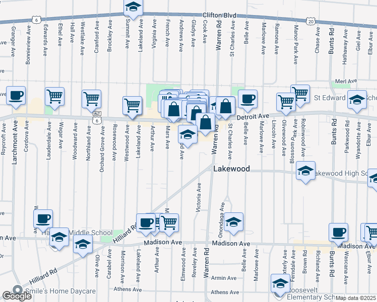 map of restaurants, bars, coffee shops, grocery stores, and more near 1470 Victoria Avenue in Lakewood