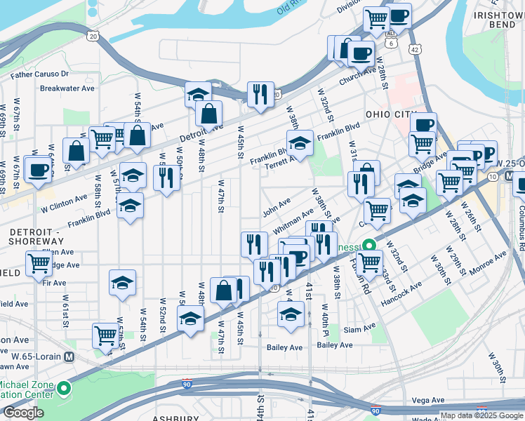 map of restaurants, bars, coffee shops, grocery stores, and more near 1878 West 44th Street in Cleveland