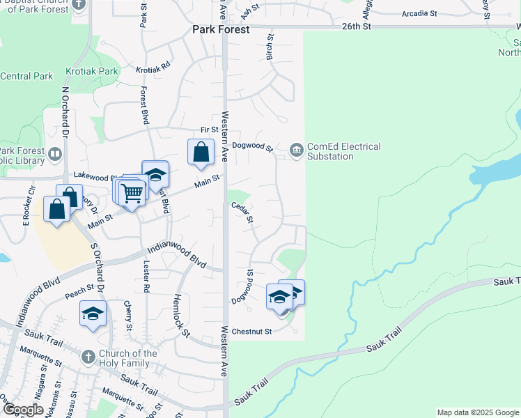 map of restaurants, bars, coffee shops, grocery stores, and more near 63 Cedar Street in Park Forest