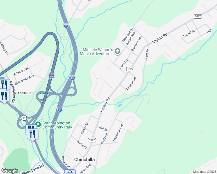 map of restaurants, bars, coffee shops, grocery stores, and more near 611 Layton Road in Lackawanna County