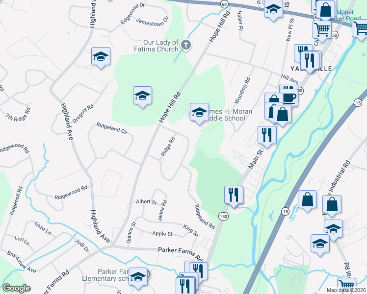 map of restaurants, bars, coffee shops, grocery stores, and more near 133 North Ridgeland Road in Wallingford