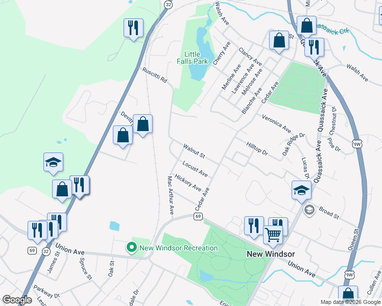 map of restaurants, bars, coffee shops, grocery stores, and more near 23 Walnut Street in New Windsor