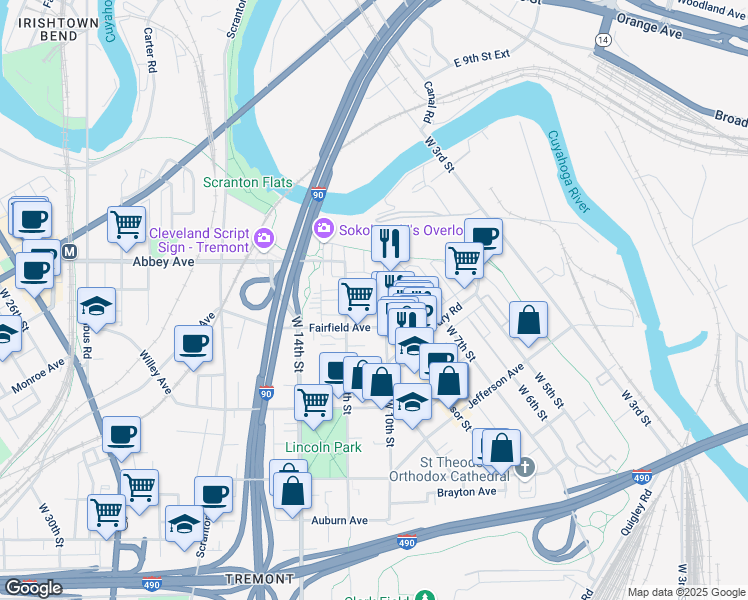 map of restaurants, bars, coffee shops, grocery stores, and more near 2106 West 10th Street in Cleveland