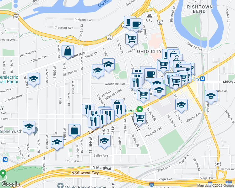 map of restaurants, bars, coffee shops, grocery stores, and more near 3814 Bridge Avenue in Cleveland