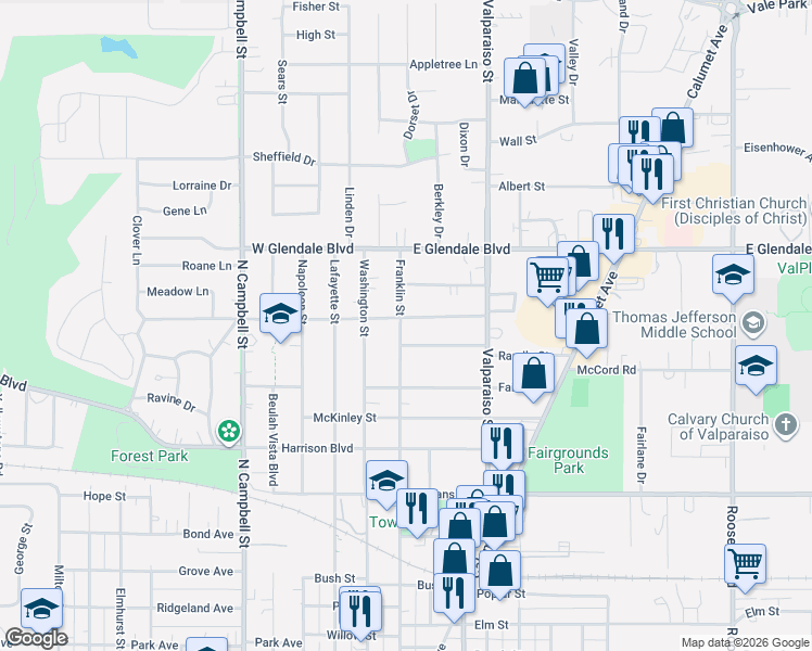 map of restaurants, bars, coffee shops, grocery stores, and more near 1401-1599 Franklin St in Valparaiso