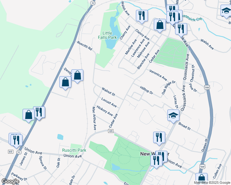 map of restaurants, bars, coffee shops, grocery stores, and more near 9 Walnut Street in New Windsor