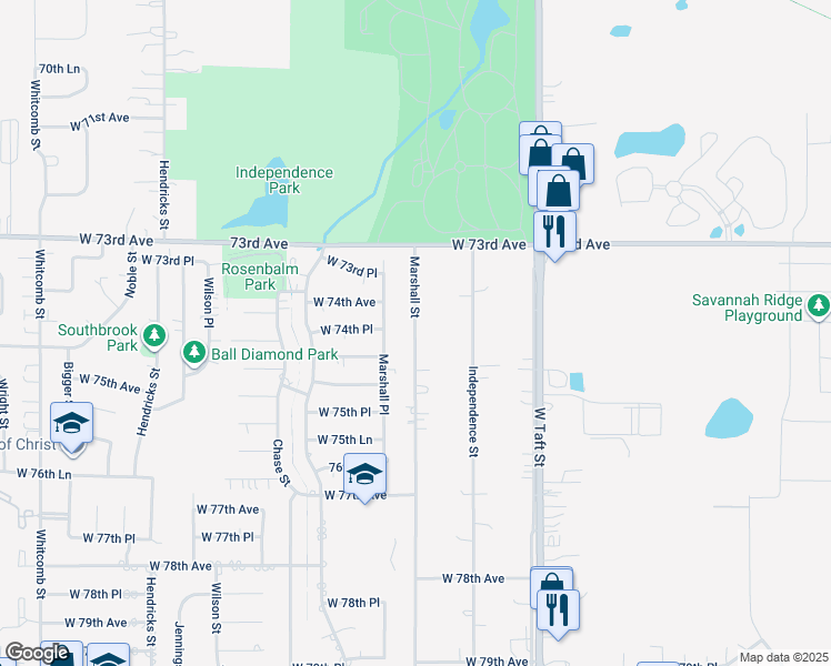 map of restaurants, bars, coffee shops, grocery stores, and more near 7325 Marshall Street in Merrillville
