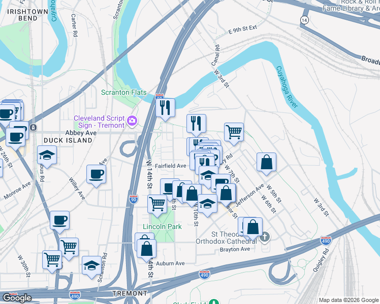 map of restaurants, bars, coffee shops, grocery stores, and more near 2104 West 10th Street in Cleveland