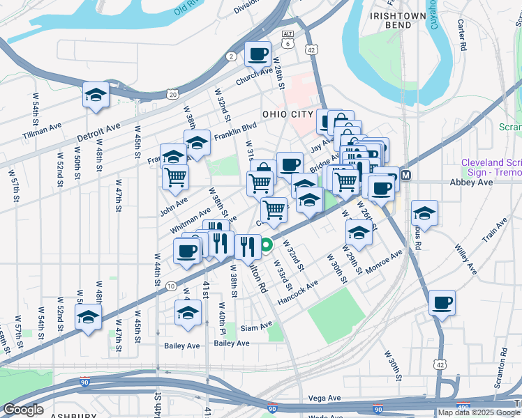 map of restaurants, bars, coffee shops, grocery stores, and more near 1883 Fulton Road in Cleveland