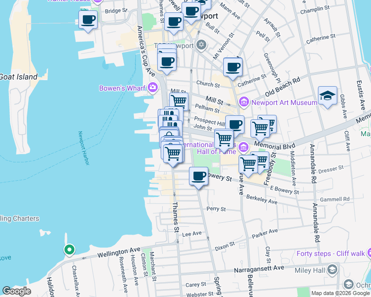 map of restaurants, bars, coffee shops, grocery stores, and more near 34 Brewer Street in Newport