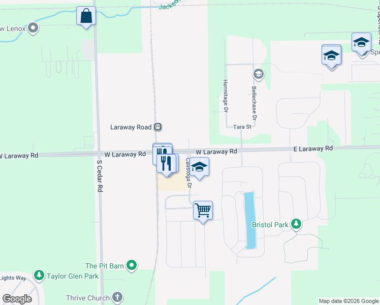 map of restaurants, bars, coffee shops, grocery stores, and more near 570 East Laraway Road in New Lenox